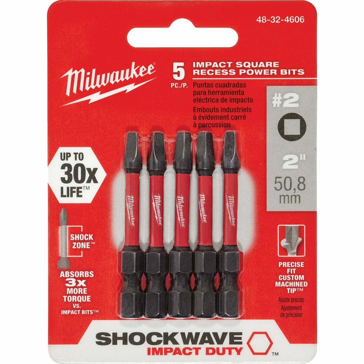 Milwaukee  SHOCKWAVE 1 in.Insert Bit 5 Pk SIZE #2 SQUARE RECESS