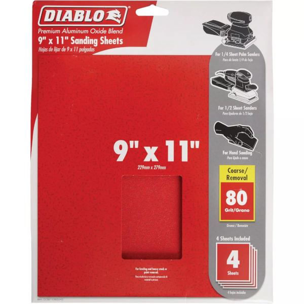 9" X 11" Diablo 80 Grit Coarse Sandpaper 4 Pack DCS911080S04G