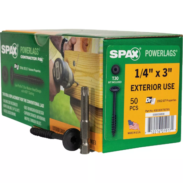 1/4" X 3" Spax PowerLags Torx Washer Head Exterior Structure Screw 50 Pack 4581820700765