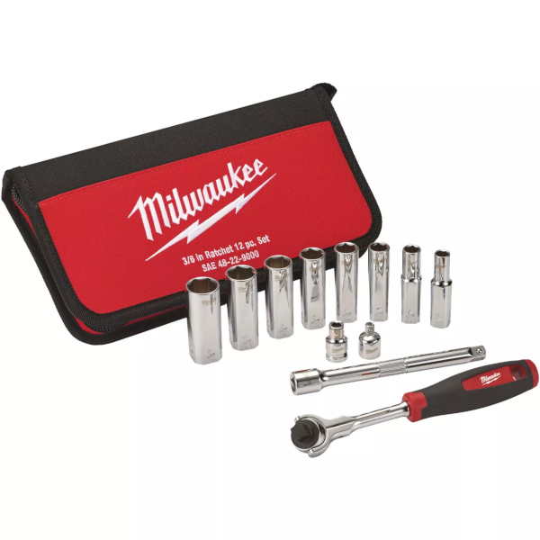Milwaukee 3/8" Drive 6 Point SAE Ratchet & Socket 12 Piece Set 48-22-9000