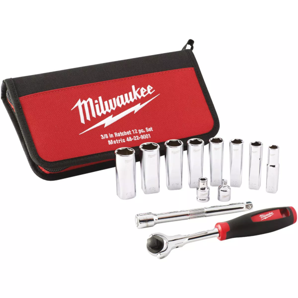 Milwaukee 3/8" Drive 6 Point Metric Ratchet & Socket 12 Piece Set 48-22-9001