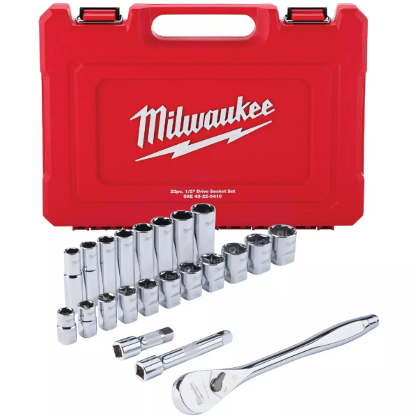 Milwaukee 1/2" Drive 6 Point SAE Ratchet & Socket 22 Piece Set 48-22-9410