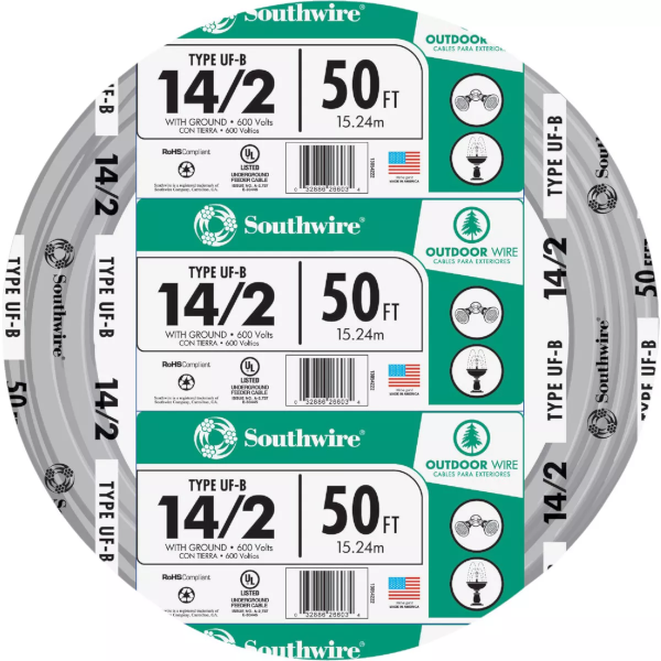 Southwire 50' 14 AWG 2-Conductor UFW/G Underground Feeder Cable Gray 13054222