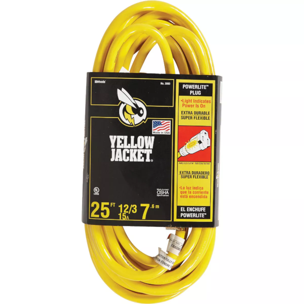 25' 12/3 Yellow Jacket Indoor/Outdoor Extension Cord w/ Lighted End 2883AC