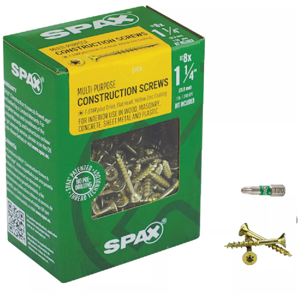 #8 X 1-1/4" Spax Flat Head Torx Interior Wood Construction Screw Yellow Zinc 1 Lb. Box (240 Pack) 4191020400324