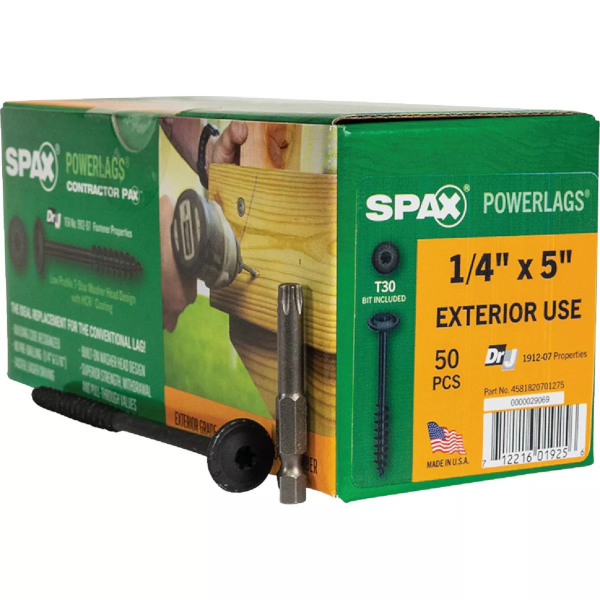 1/4" X 5" Spax PowerLags Torx Washer Head Exterior Structure Screw 50 Pack 4581820701275