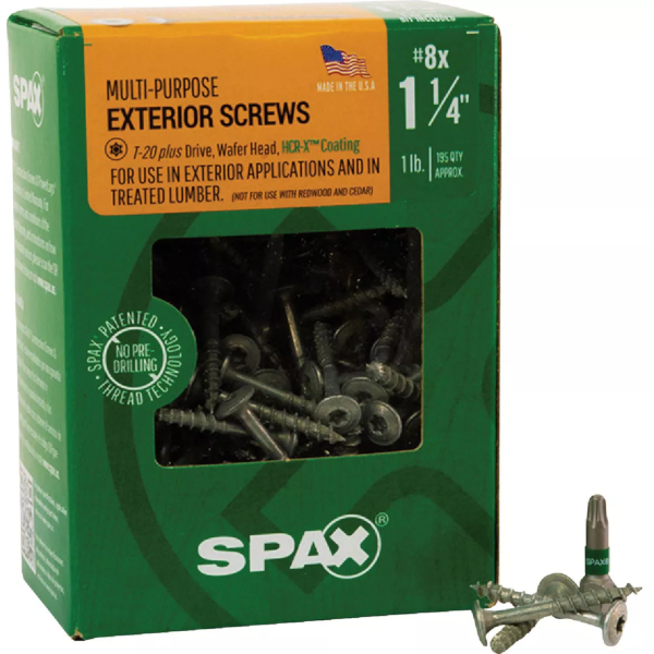 #8 X 1-1/4" Spax Wafer Head Star t-Plus Exterior Wood Screws HCR-X 1 Lb. Box (195 Pack) 4281670400324