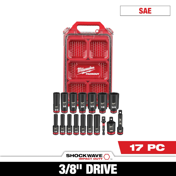 3/8" Drive Milwaukee Shockwave 6 Point Standard Deep Impact Socket 17 Piece Set 49-66-6800