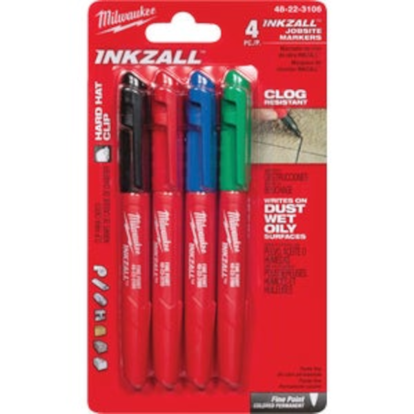 Milwaukee INKZALL Fine Point Various Colors Job Site Marker 4 Pack 48-22-3106